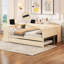 Lit plateforme tapissier pleine grandeur beige avec tablettes de rangement, station de charge et lit gigogne, confortable pour se détendre dans le rangement, charge de bureau, chambres partagées gigognes