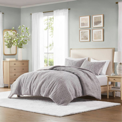 Ensemble de couette 3 pièces moderne en mélange de coton uni, King/Cal King, anthracite