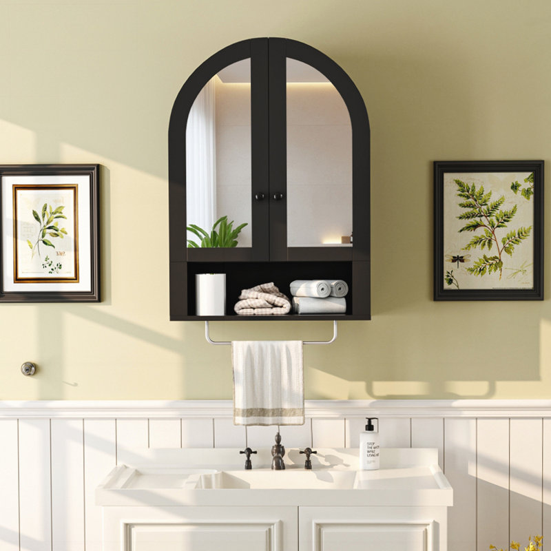 Wall Mounted Arched Cabinet with Mirrored Doors and Adjustable Shelves, Black