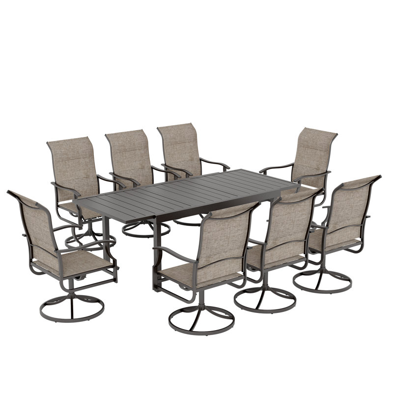 Rectangle Outdoor Patio Dining Set Expandable Heavy Duty Metal Table With Sling Chairs, 8