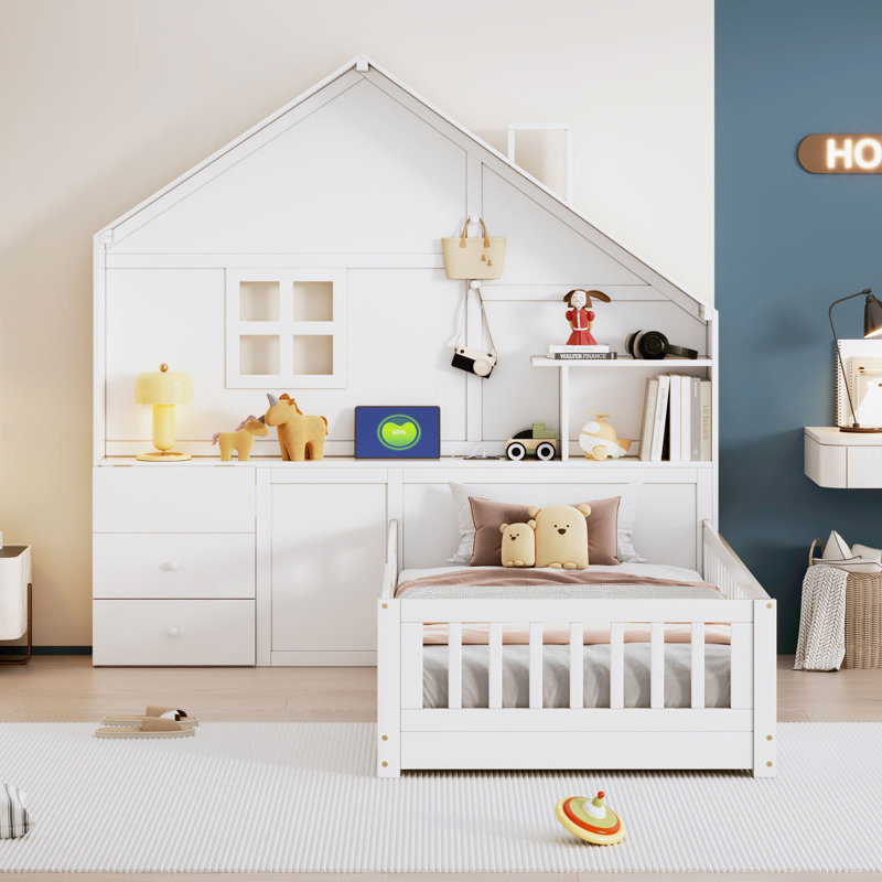 Twin House Bed With Bedside Drawers & Charging Shelf, Twin