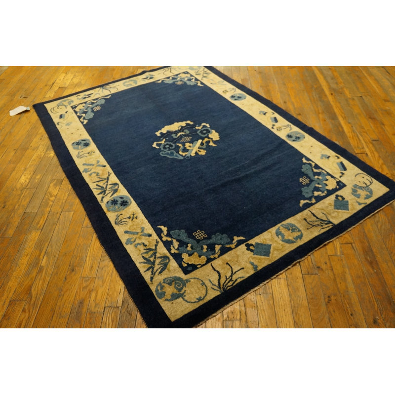 Solid Open Blue Color Field Antique Chinese Floral Medallion Pattern Peking Rug