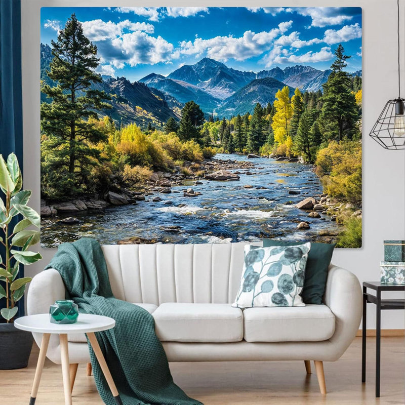 Nature, forêt, tapisserie, pin, tapisserie, pour la chambre à coucher, nuages esthétiques, rivière qui coule, paysage, salle de classe, tapisseries, suspension murale, salon, dortoir, bureau