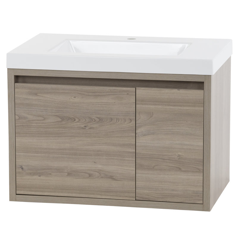 Meuble-lavabo mural simple 30,5 po avec plateau en marbre de culture, Orme de forêt