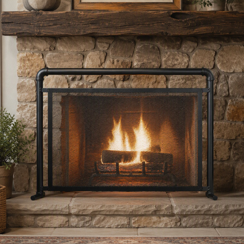 1 Panel Iron Fireplace Screen 36" W x 29" H, Black