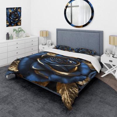 Floral Bedding Set of 4 - Gilded Rose In Kings Blue I Bedding And Throw Pillow Set