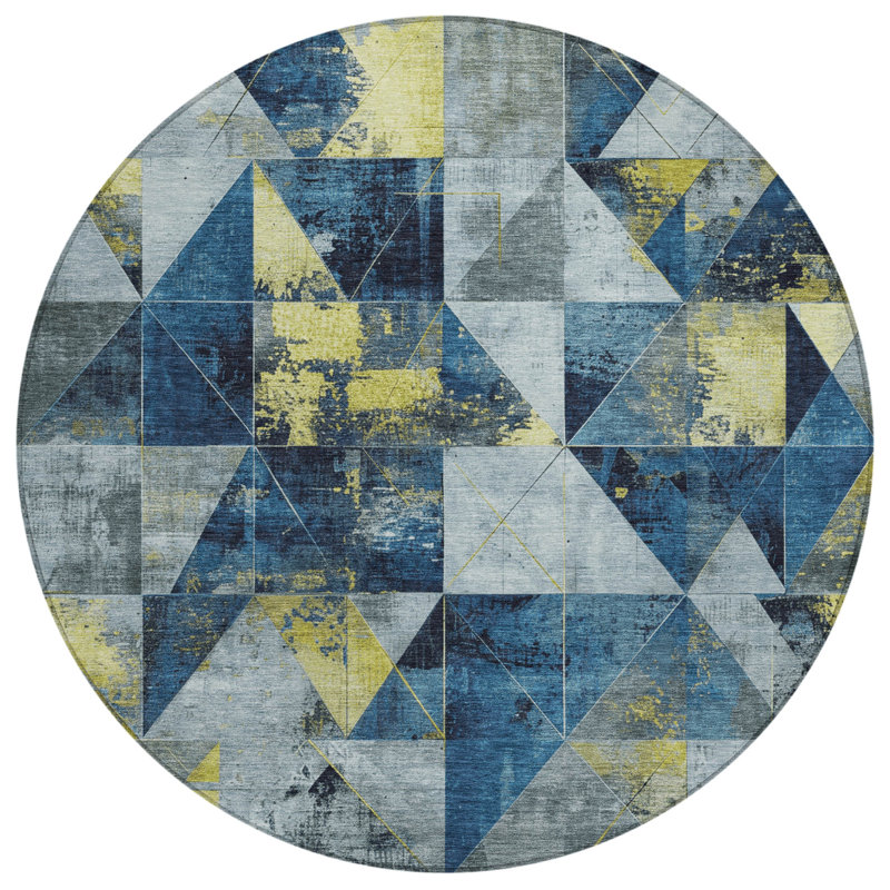 Machine Washable Indoor/Outdoor Xhevrie Navy Rug, Round 8'