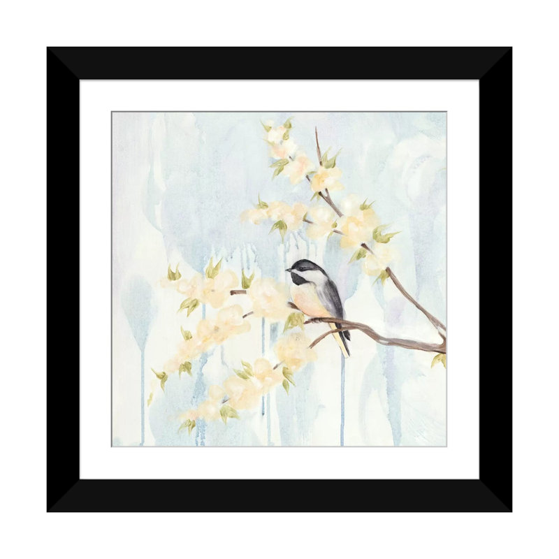 « spring chickadeess i », impression sur toile, H 16 po x l 16 po x P 1 po, Papier d'art encadré noir, Blanc