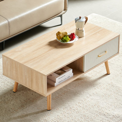 Rectangle Coffee Table With Solid Wood Legs For Living Room, Sliding Drawer Extra Storage, Natural Colour Scheme, 41.3 Inches In Length, 21.1 Width, 16.35 Height,  Weight - Holding Ability,