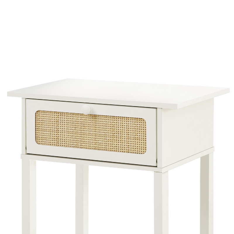 Table d'appoint Nema, tiroir à panneau en rotin et tablette, blanc moderne, Blanc