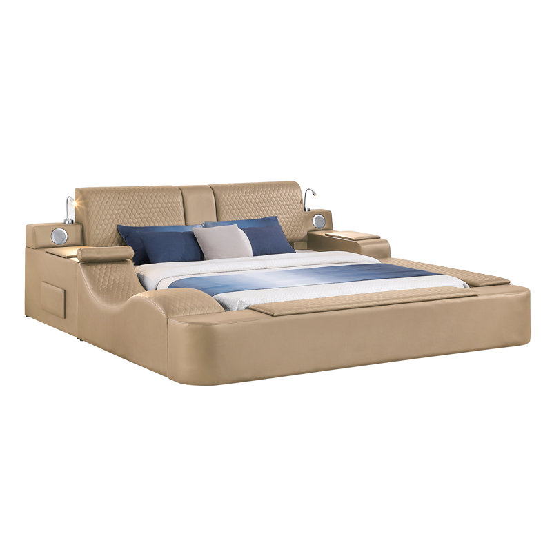 Ziora Smart Multi-Functional Bed with Massager, Bluetooth Speakers, and Reading Lights, King, Caramel