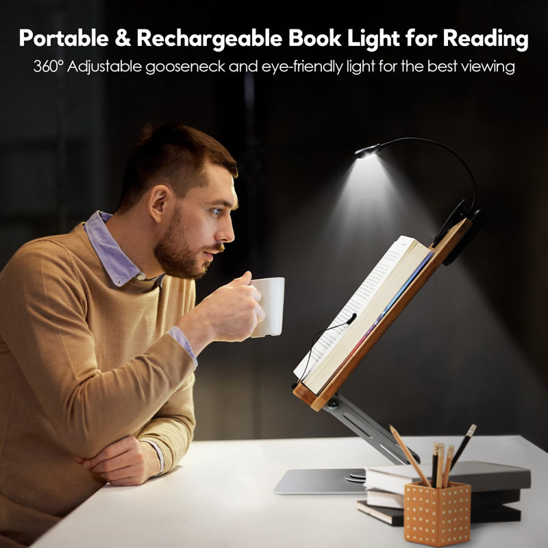 Book Stand For Reading Large Book Holder With 360° Rotating Base, 15.4"X11" Cookbook Stand Desktop Holder With Book Light, Foldable Desktop Stand For Textbook, Recipe, Laptop, Sheet Music