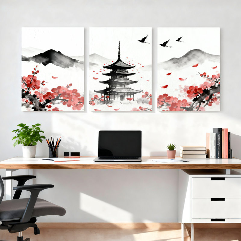 Pagode japonaise et fleur de cerisier, reproduction d'art sur toile, ensemble de 3 encres traditionnelles, H 30 po x l 60 po