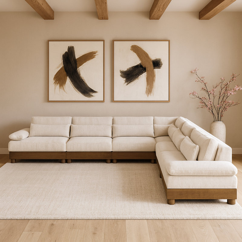 Canapé modulaire rembourré en tissu de chenille de 167,75 po Turin, Brun, Tissu chenille crème