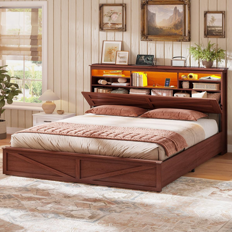 Farmhouse Queen Bed Frame with Hydraulic Lift Storage, LED Lights & Charging Station, Brown, Queen, Brown
