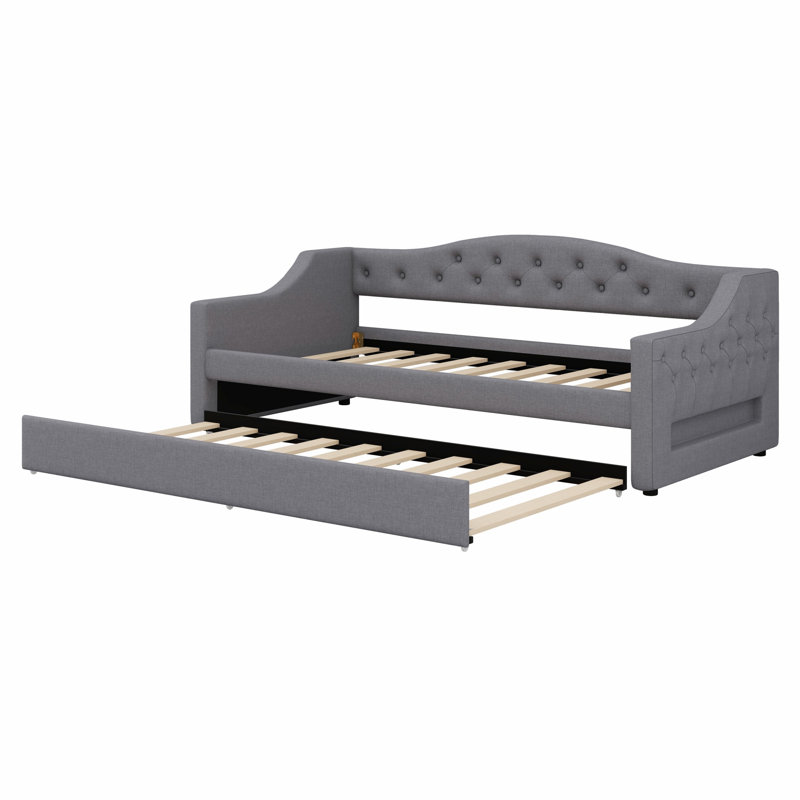 Upholstered Daybed With LED Belt And Trundle, Gray