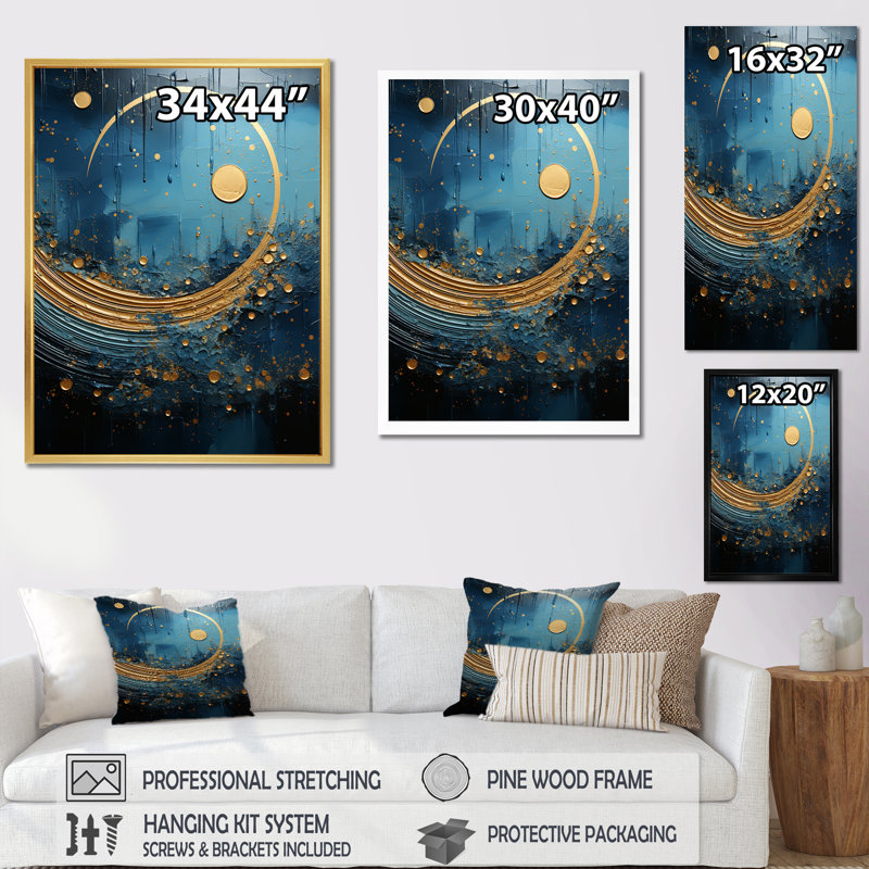 Rêve de lune bleu et doré cycle céruléen, Cadre doré simple, H 44 po x l 34 po x P 1,5 po