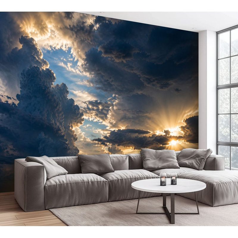 Papier peint adhésif autocollant Dramatic Sunset Sky Illuminated Cloud Formations Sun Auto-adhésif amovible Papier contact mural pour le salon Chambre à coucher H 100 po x l 144 po