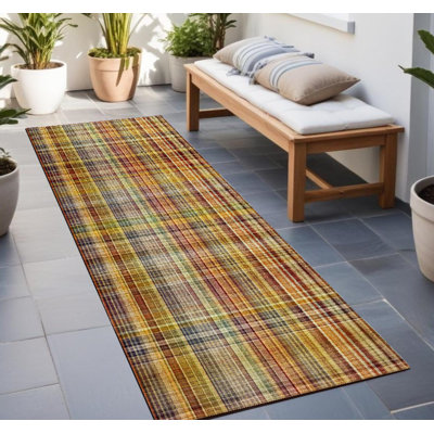 8' Runner Orange Plaid Washable Non Skid Indoor Outdoor Runner Rug