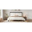 Structure de lit plateforme en bois massif avec tête de lit tapissier en velours beige, aucun sommier nécessaire-221746082-221746081