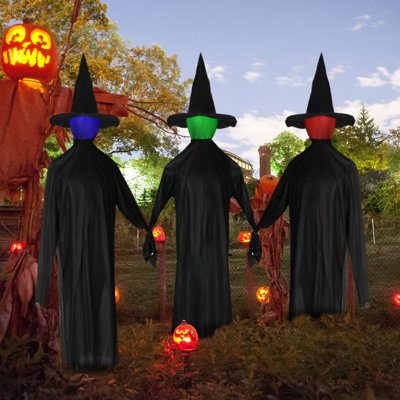 Décoration de sorcière noire 5,25 pi d'Halloween avec tête DEL à changement de couleur, sons effrayants, décor de cour intérieure / extérieure debout