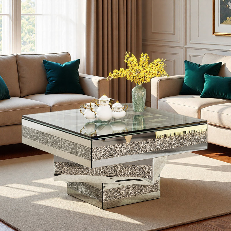 Modern Mirrored Coffee Table With Faux Diamond Inlay, Tempered Glass Top And Mirrored Stacked Base