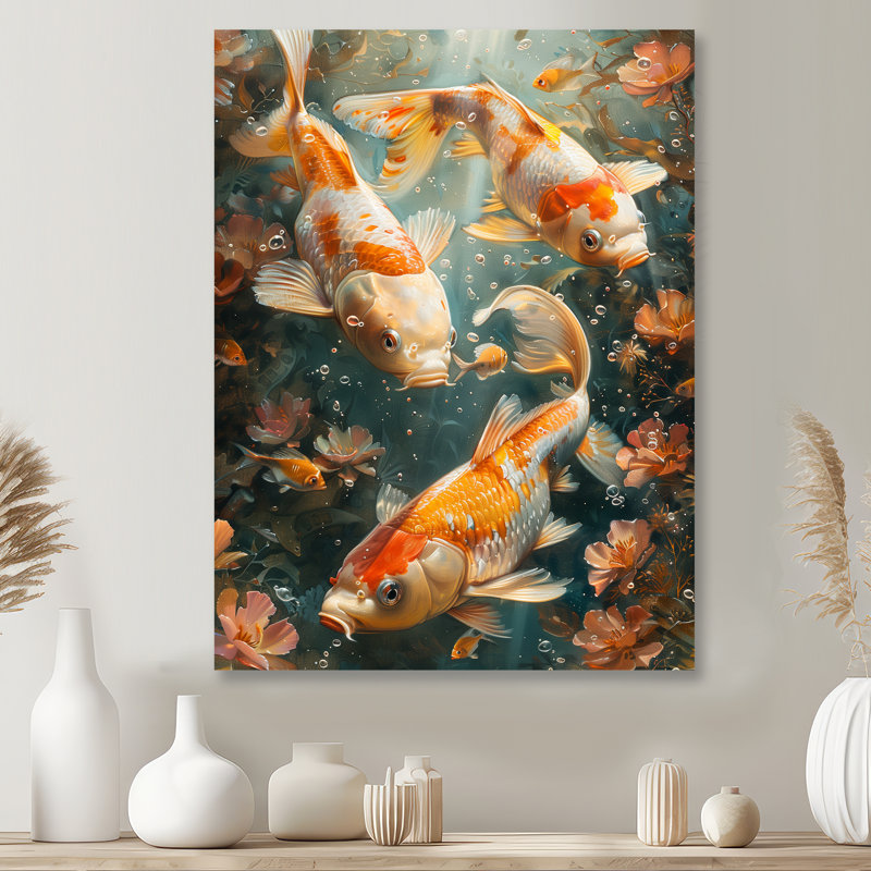 Orange White Coral Koi Fish Marvel - Aquariums Wall Art Living Room, White Floater Framed, 24" H x 32" W