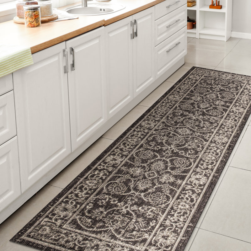 Markwart Vine and Border Textured Weave Black/Gray Indoor/Outdoor Rug, Runner 2'2" x 10'