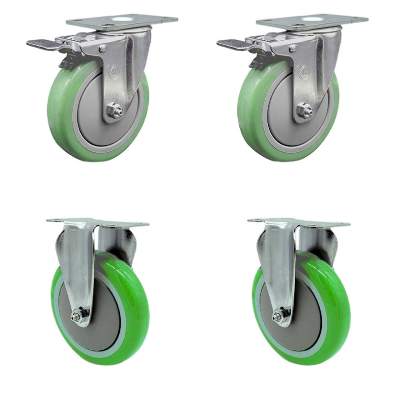 5 Inch Polyurethane Swivel Top Plate Caster Set 2 Lock Brakes 2 Rigid SCC, Vert