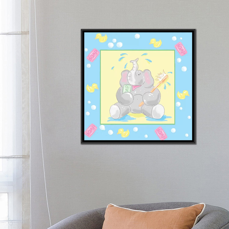 Art sur toile pour salle de bain ii "baby éléphant, H 18 po x l 18 po x P 1,5 po, Toile avec cadre noir, Pas de tapis