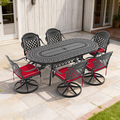 7 Piece Cast Aluminum Outdoor Dining Set, 6 Swivel Chairs And Oval Table, All Weather, Black Frame