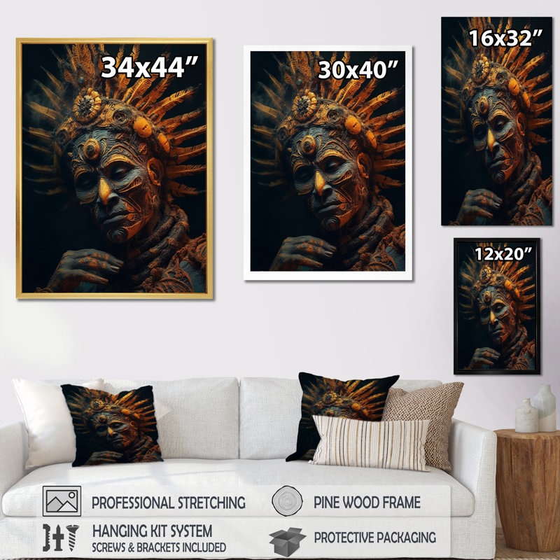 «Majestic Glam Shaman» sur toile, Cadre flottant brun, H 40 po x l 30 po x P 1,5 po