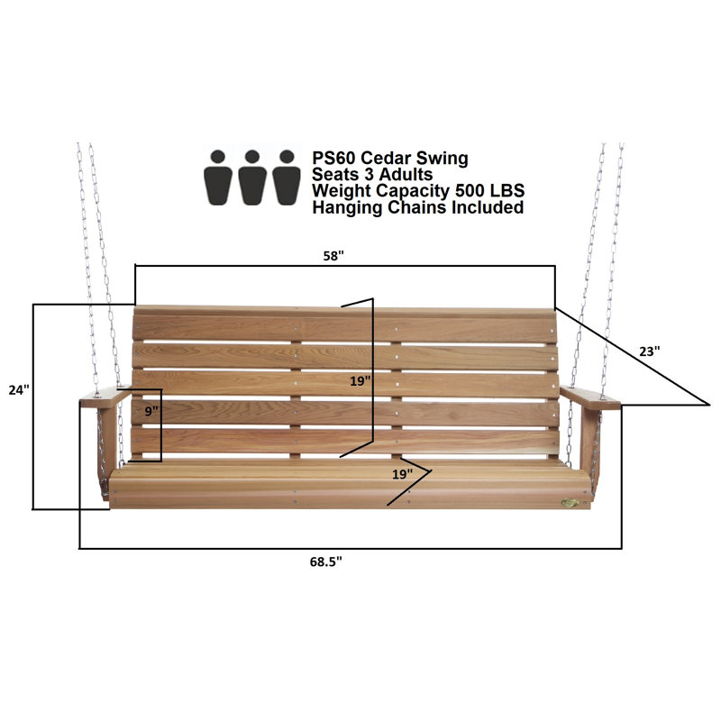 Western Red Cedar Porch Swing, 24" H x 69" W x 23" D