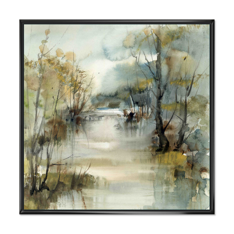 Illustration de paysage de rivière d'hiver - sur, H 36 po x l 36 po, Cadre flottant, Noir