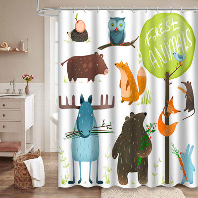 Cartoon Forest Animals Squirrel Fox Bird Childish Shower Curtain with 12 Hooks
