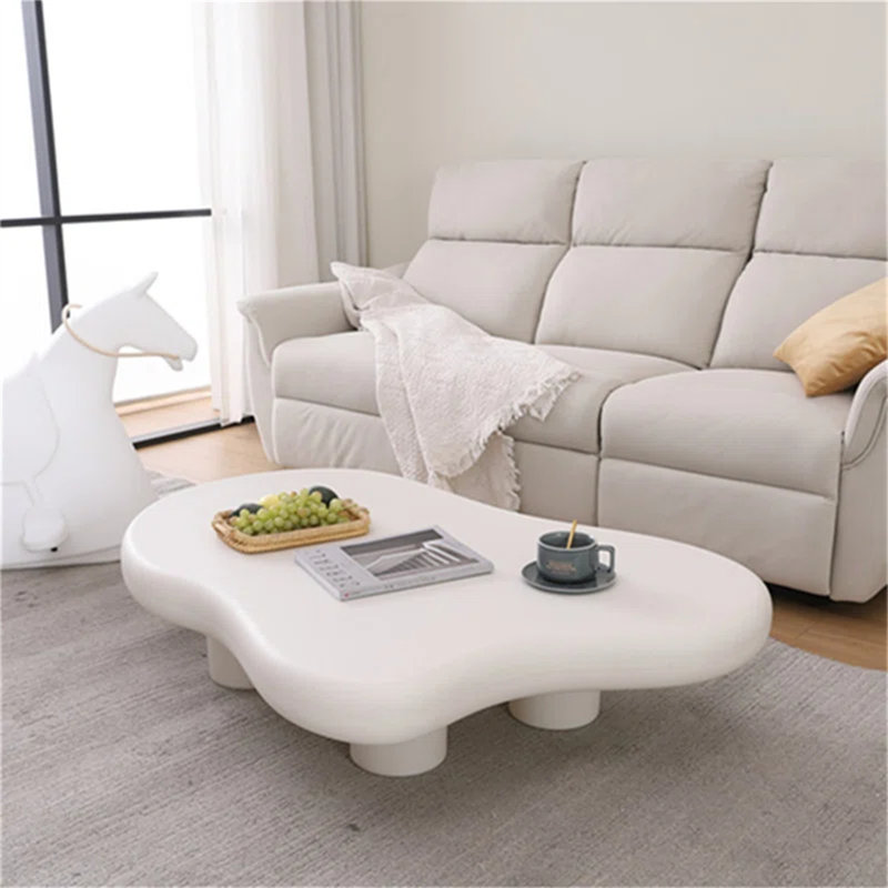 Cloud-Shaped Coffee Table, Modern Side Table with Triangular Base for Living Room, White