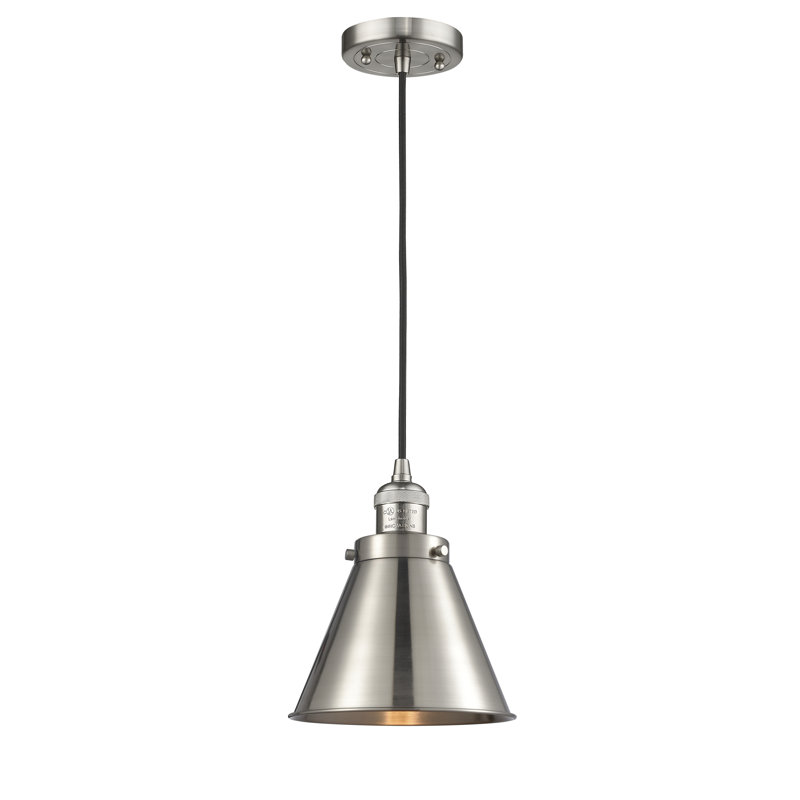 Luminaire suspendu conique à 1 lumière Donovan, Ampoule incandescente rétro de 60 watts, Nickel satiné brossé