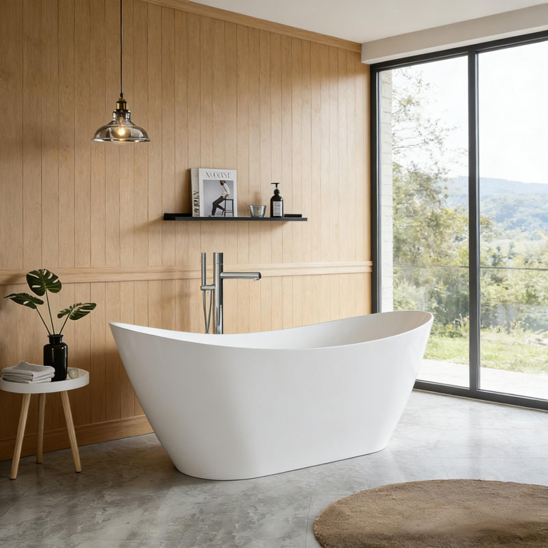 Freestanding Acrylic Soaking Tub with Pop-Up Drain & Overflow - Stand Alone Tub for Bathroom