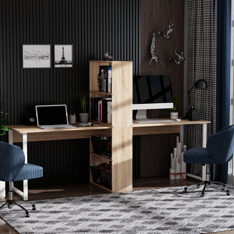 88" Extra Long 2-Person Computer Desk With Storage Shelves Combo
