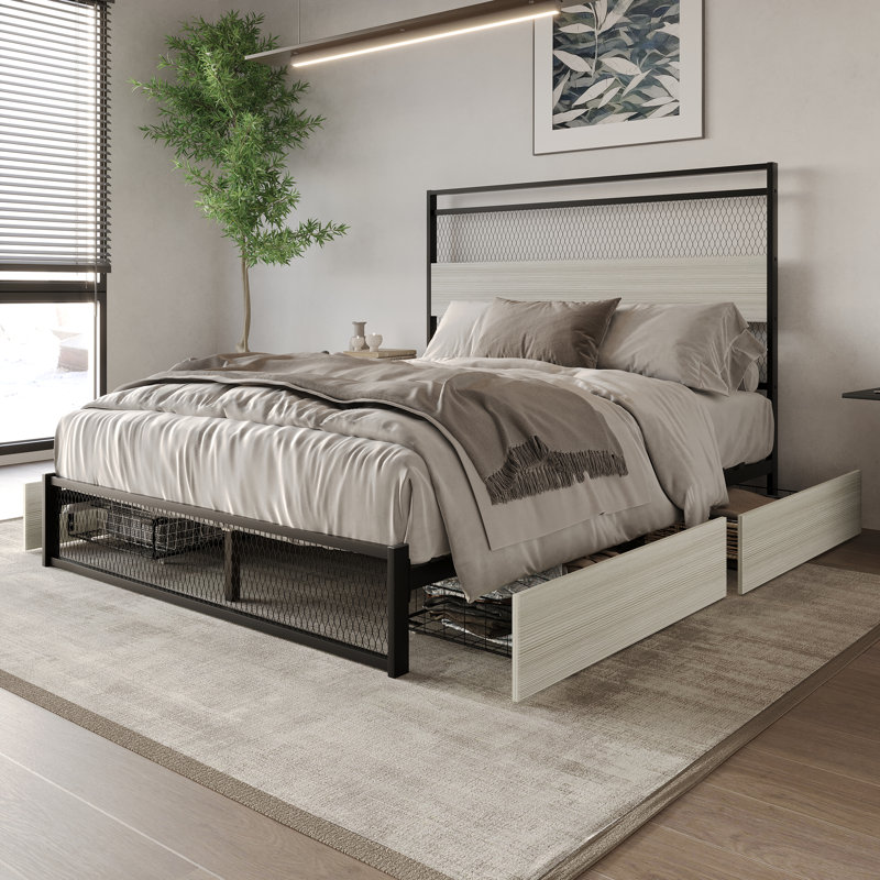 Full Metal Platform Bed With Storage In Brown, Light Gray, King