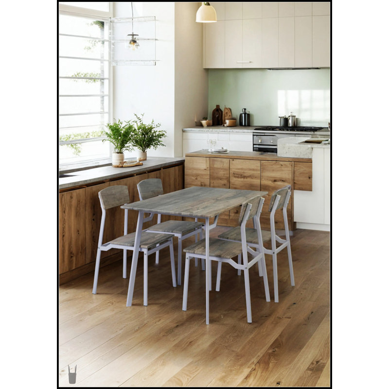 Ensemble de table à manger moderne 5 pièces avec grain de bois réaliste, gris et blanc, parfait pour les maisons contemporaines et les petits espaces.