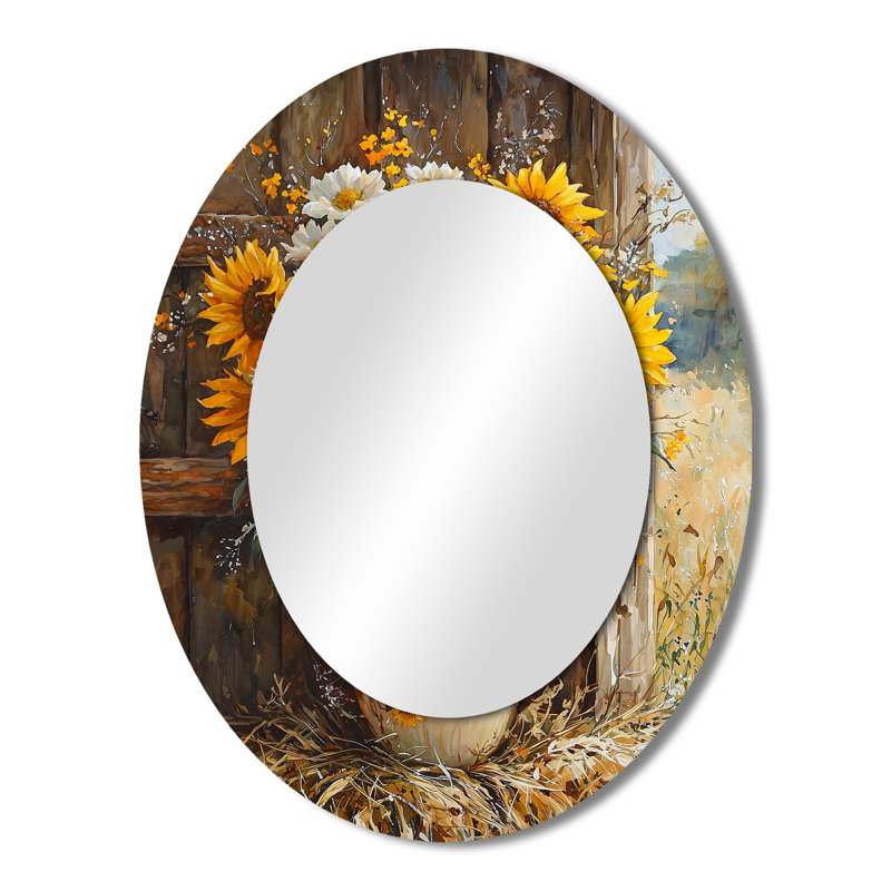 Tournesol et bouquet de pivoines à la ferme I - Miroir décoratif floral ovale sur métal, 43 po x 33 po