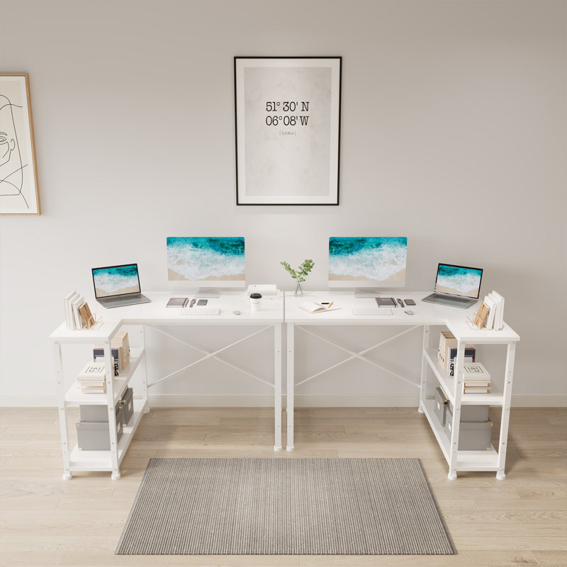 Ambus L Shape Computer Desk, Right Hand, 110cm W x 80cm D, White/Beige