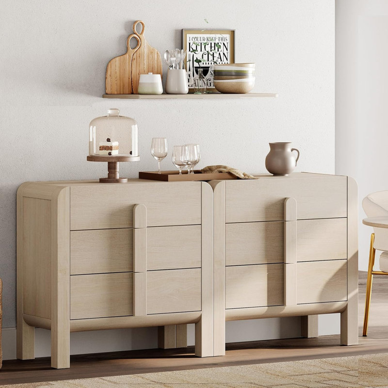 Commode 6 tiroirs Mid-Century à 6 tiroirs, commode en bois 2 en 1 avec poignées à bords arrondis, meuble télé et solution de rangement pour chambre à coucher (ensemble de 2)