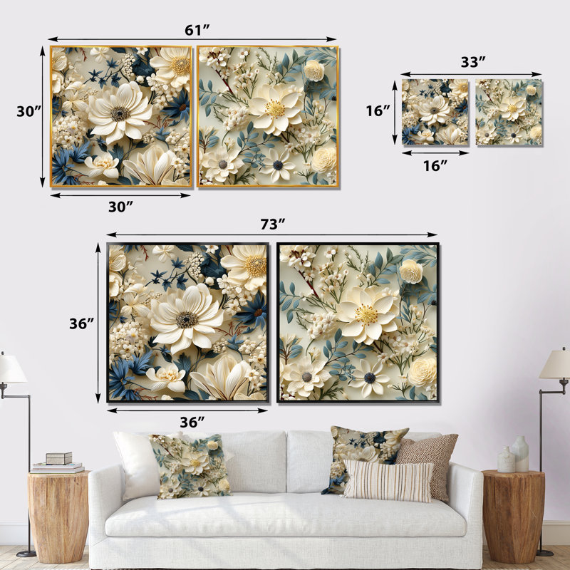 Cathrine - ensemble de 2 reproductions d'art sur toile florales, Toile tendue, H 16 po x l 33 po x P 1 po