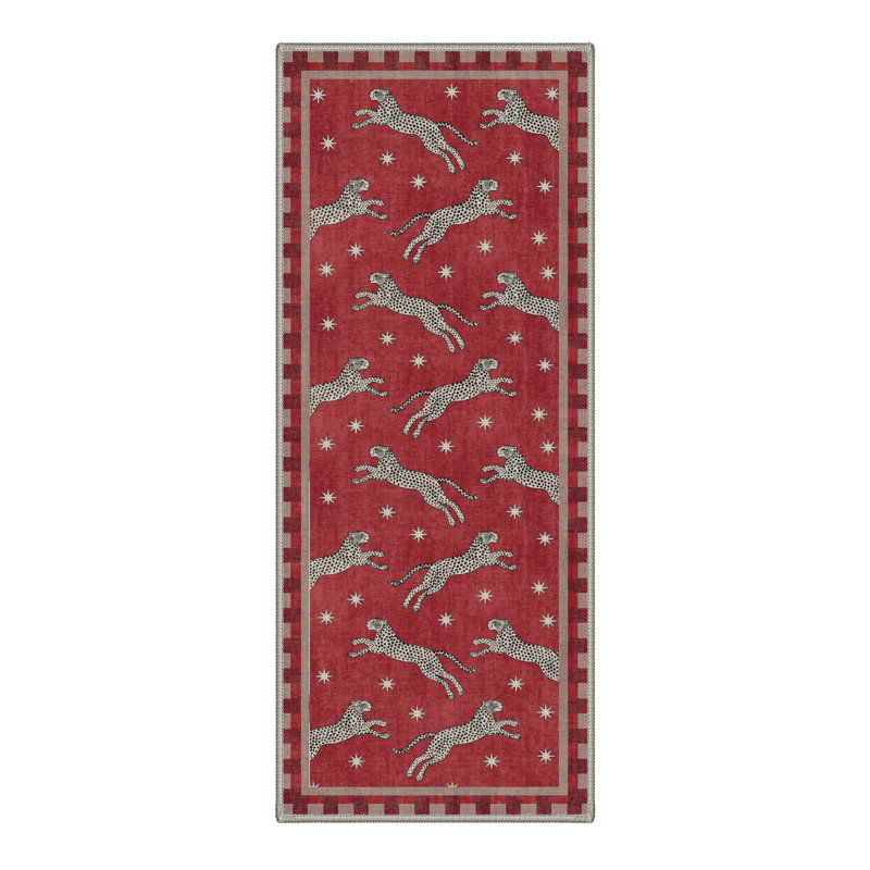 Safari Run Animal Print Machine Washable Red / Beige Indoor Area Rug with Non-Slip Backing, Runner 2' x 7'