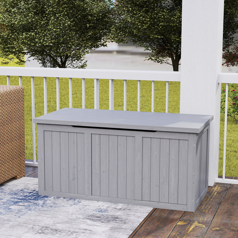 Boîte de rangement en bois massif 67 gallons pour coussins de terrasse, accessoires de piscine et outils de jardinage, gris, résistant aux intempéries