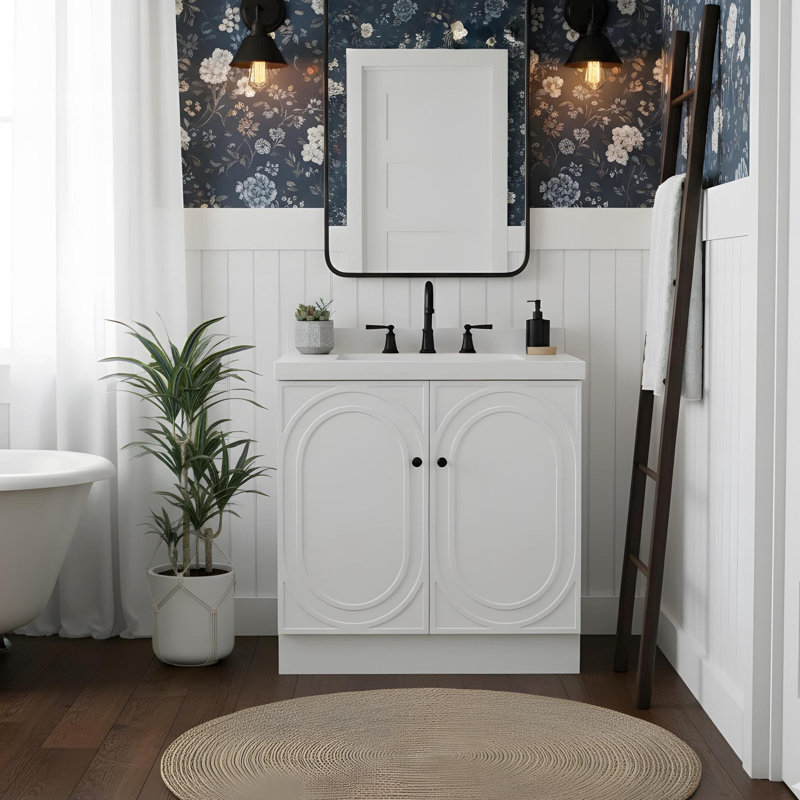 Meuble-lavabo autoportant avec lavabo en résine blanche, Blanc, 35"