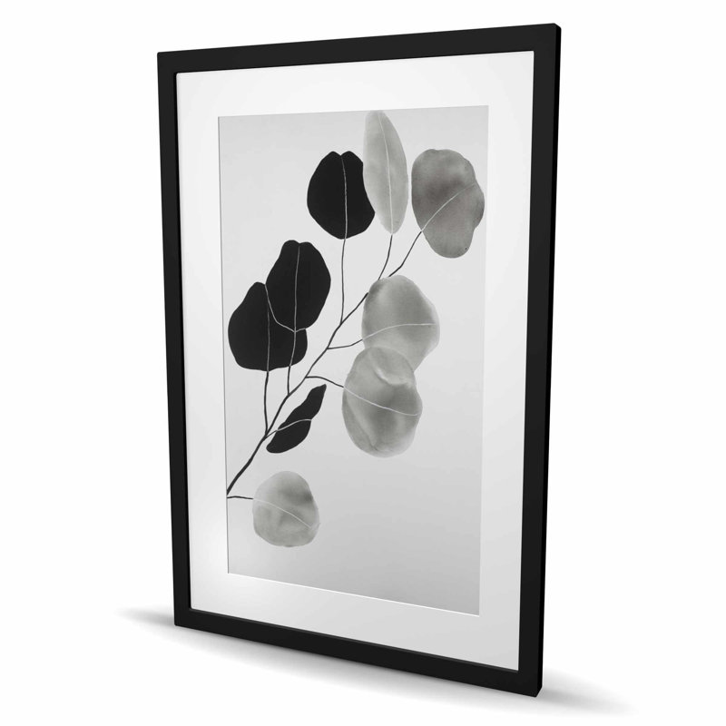Branche en niveaux de gris avec feuilles rondes - reproduction d'art nature morte encadrée