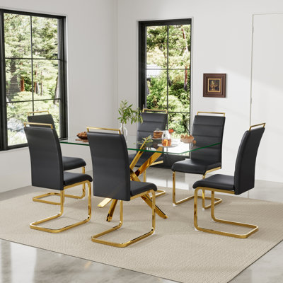 7 Piece Dining Set, 63'' Rectangle Tempered Glass Dining Table and 6 Dining Chair